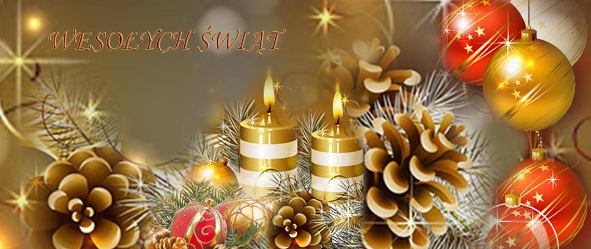 Zdjęcie dekoracyjne świąteczne z motywem szyszek, świec i bombek i z napisem wesołych świąt.