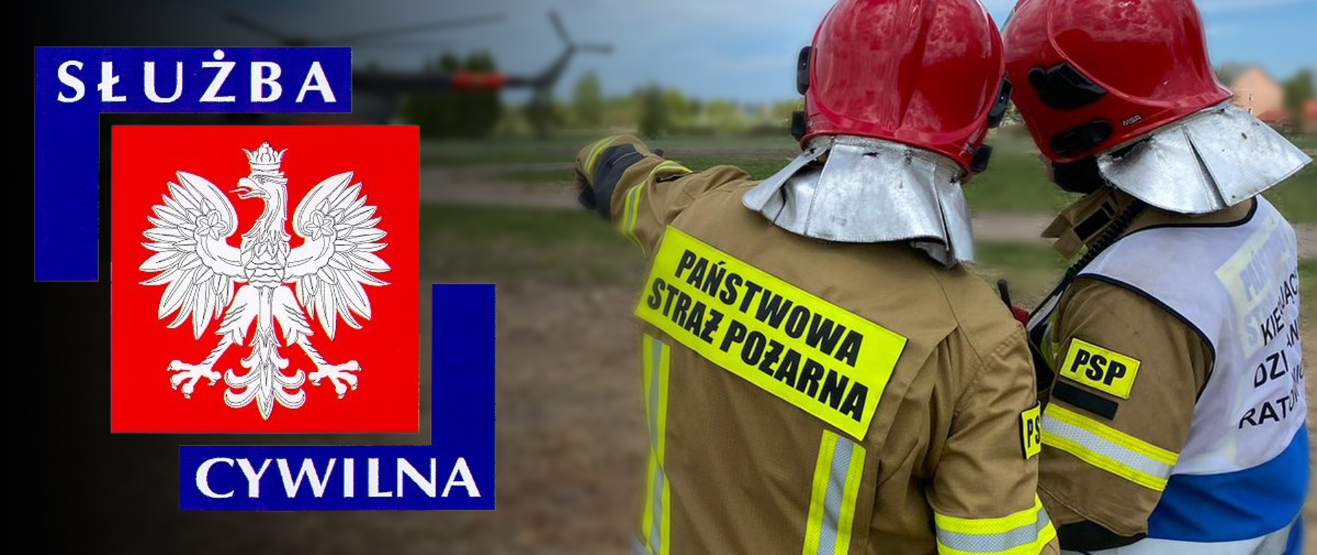 Logo korpusu służby cywilnej i dwóch strażaków, napisy PSP
