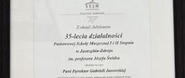 Gratulacje z okazji Jubileuszu 35 - lecia Szkoły