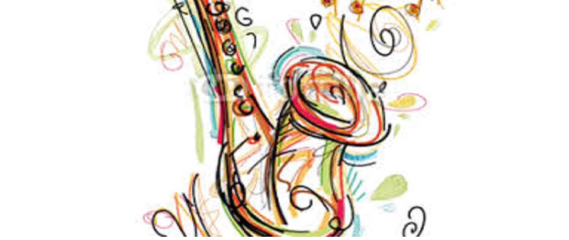 Plakat przedstawia zapowiedź popisu saksofonowego na białym tle saksofonu PSM I i II stopnia zaprasza na popis saksofonu czwartek 23 stycznia 2025 godz. 15.30