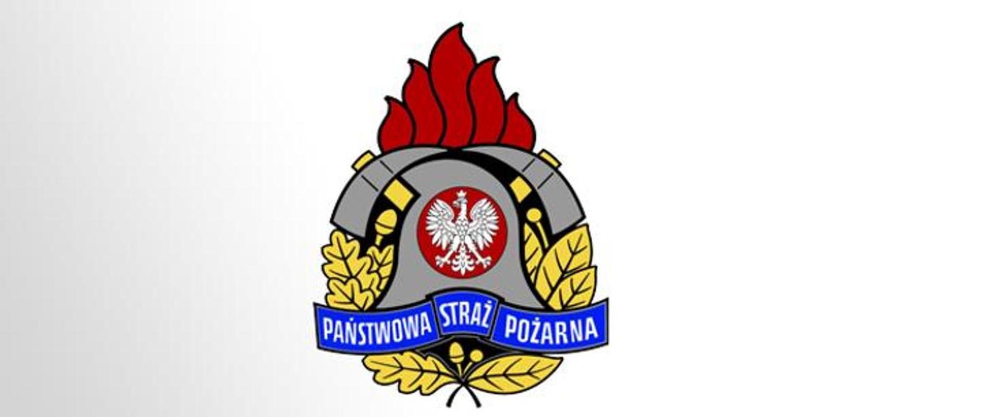 Logo Państwowej Straży pozarnej obok napis Państwowa Straż Pożarna i State Fire Service of Poland