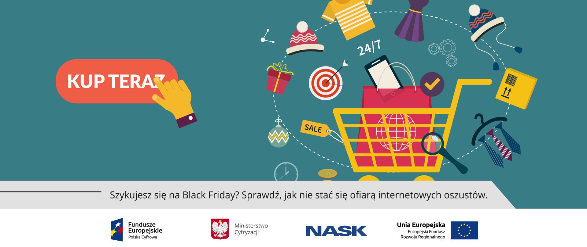 Grafika. Koszyk z zakupami. Obok napis: Szykujesz się na Black Friday? Sprawdź, jak nie stać się ofiara internetowych oszustów.