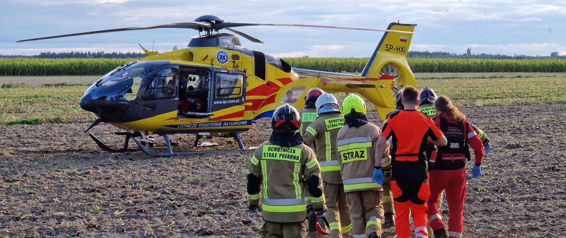 Na zdjęciu znajduje się helikopter LPR ratownicy medyczni i strażacy w tle widać pole