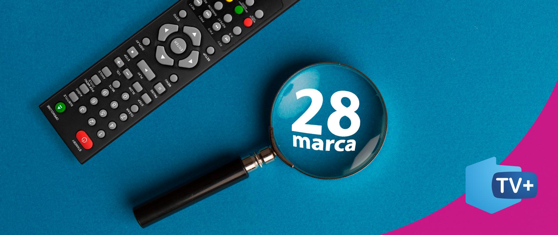 Pilot od telewizora, data 28 marca przybliżona lupą 