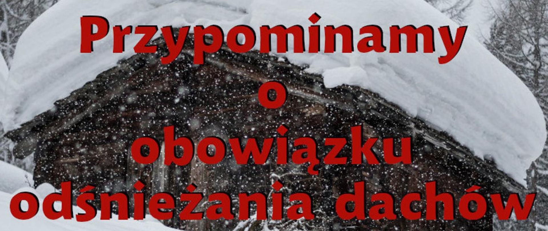 Ilustracja przedstawia na pierwszym planie napis "Przypominamy o obowiązku odśnieżania dachów" a w tle ośnieżony dach budynku.