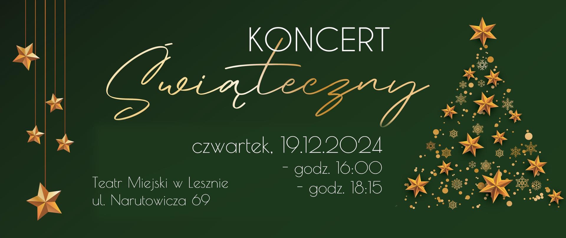 Zielony plakat ze złotymi i białymi literami. Po lewej gwiazdki po prawej choinka
