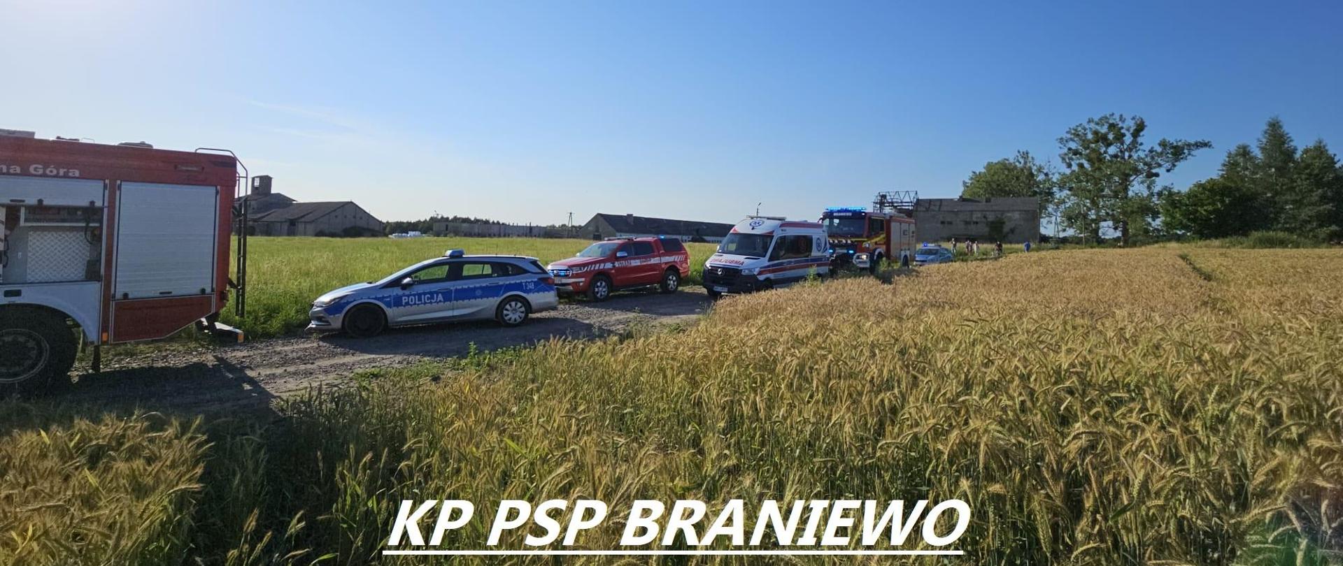 Na nie utwardzone drodze stoją pojazdy ratownicze. Trzy samochody strażackie, karetka i radiowóz policji. Wokół zboża. Słonecznie.