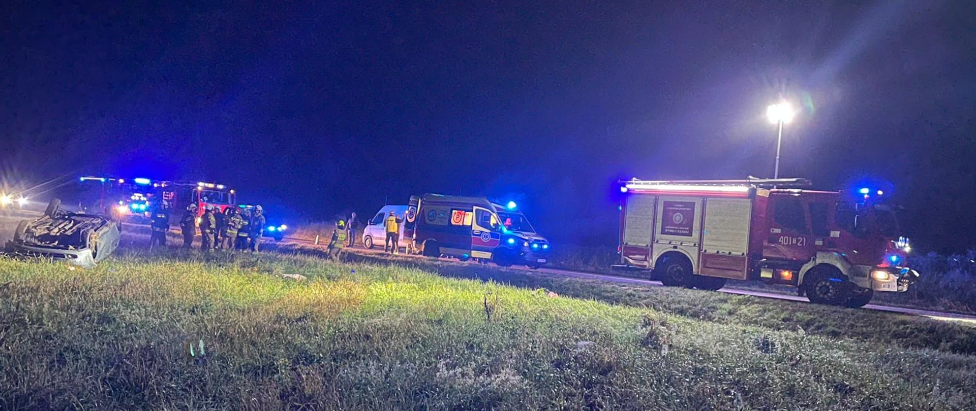 Szeroki plan przedstawiający akcję ratunkową na drodze w porze nocnej. Po lewej stronie w trawie widoczny jest przewrócony samochód. Wzdłuż drogi ustawione są pojazdy służb ratowniczych i porządkowych (w tym wozy strażackie z włączonymi niebieskimi sygnałami świetlnymi oraz ambulans medyczny). Grupa ratowników i strażaków stoi na poboczu i prowadzi działania zabezpieczające miejsce wypadku. 