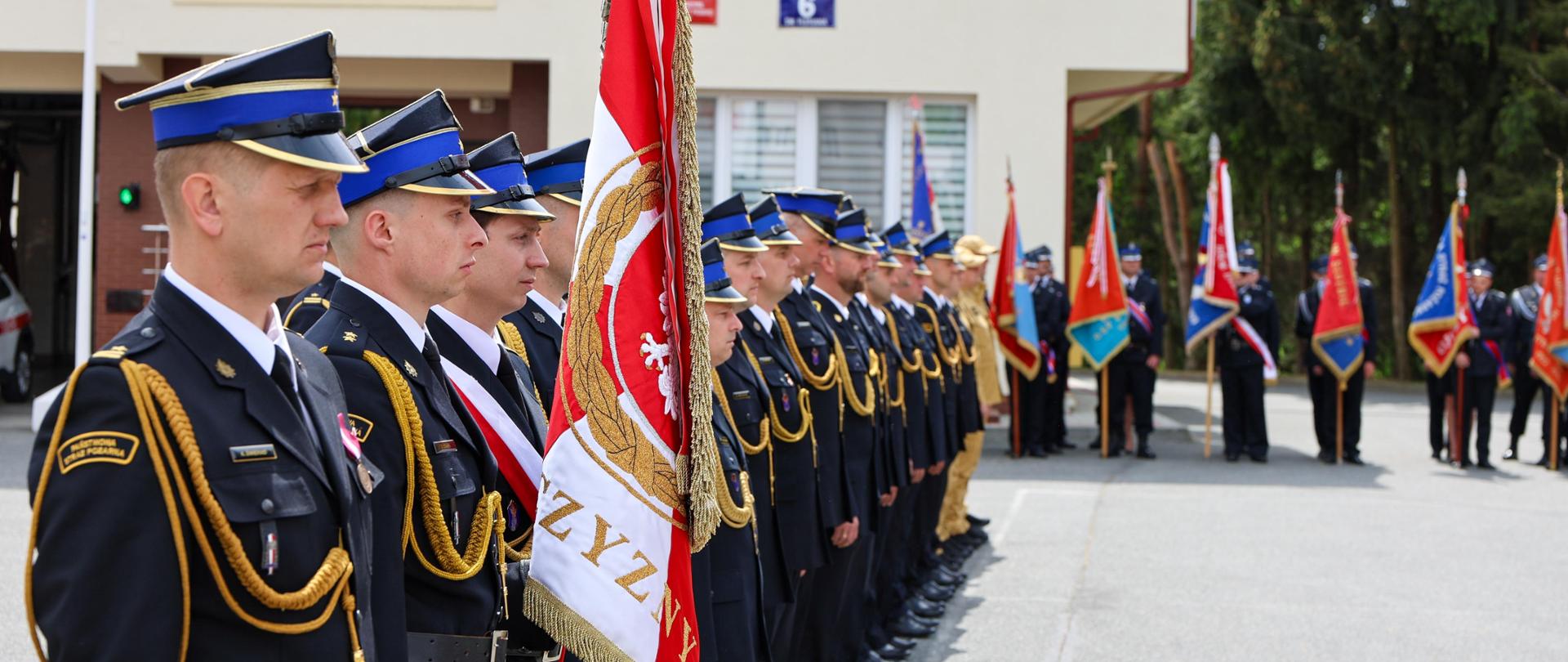 Strażacy w dwuszeregu na uroczystej zbiórce