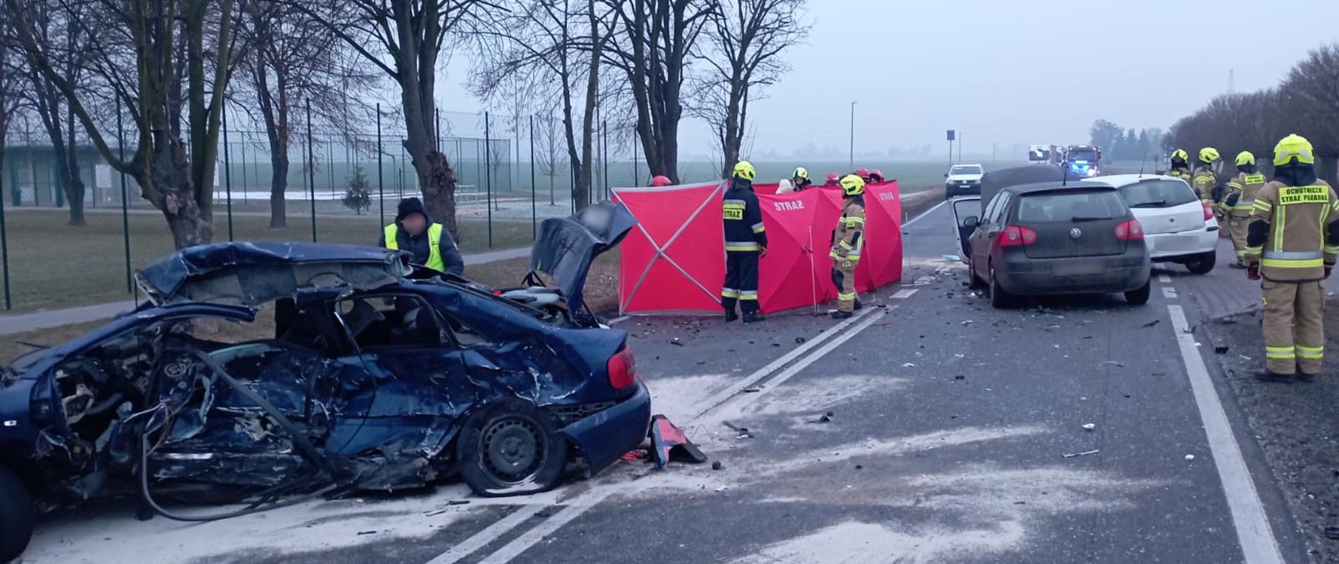 widoczne miejsce zdarzenie uszkodzone pojazdy oraz służby działające na miejscu 