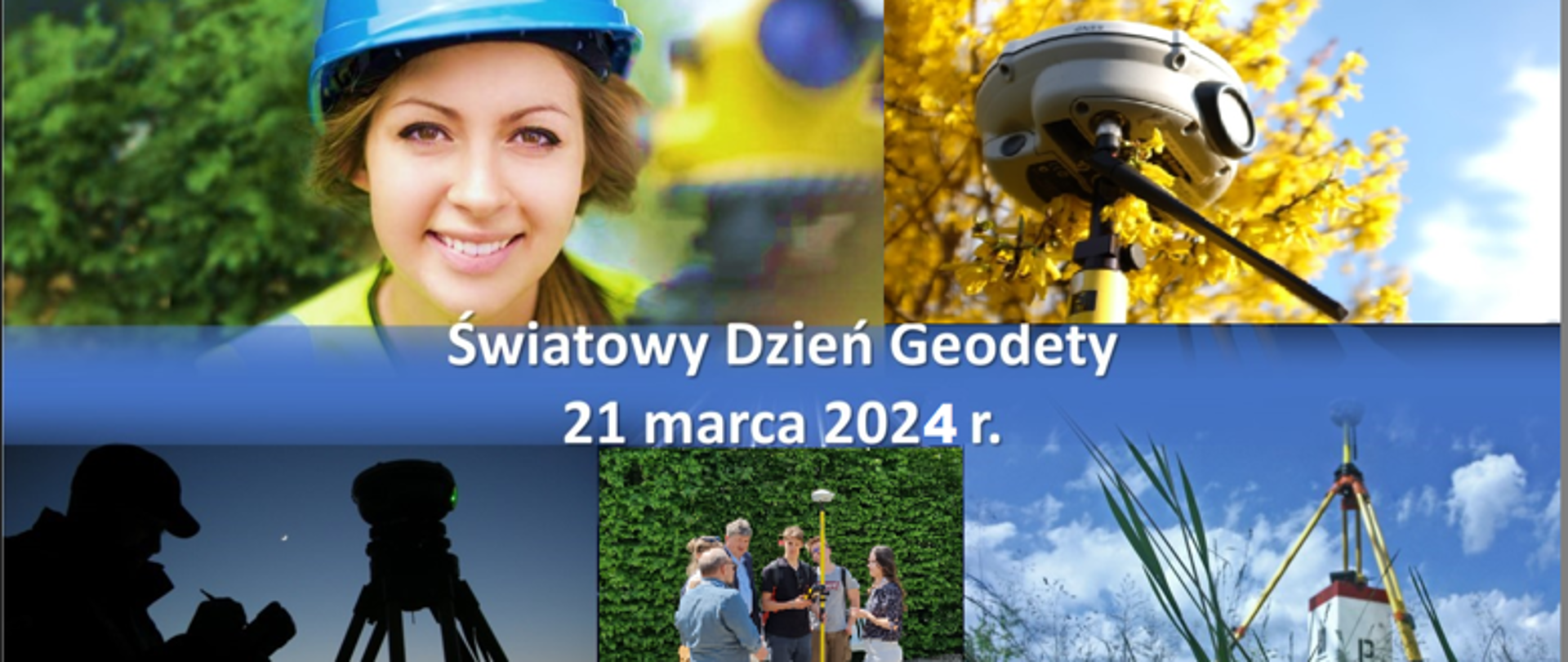 Ilustracja przedstawia grafikę ukazującą geodetów w różnych sytuacjach w pracy z napisem "Światowy Dzień Geodety 21 marca 2024 r." 