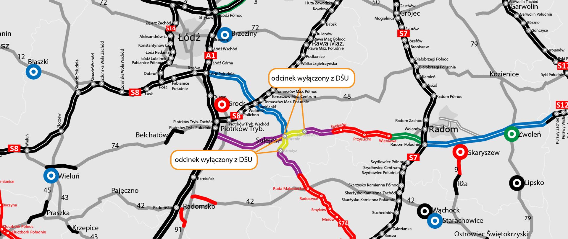 Mapa centralnej Polski przedstawiająca przebieg dróg ekspresowych S12 i S74 oraz ich powiązanie z istniejącą siecią autostrad i dróg ekspresowych. Na mapie zaznaczono obszar między Piotrkowem Trybunalskim, Sulejowem, Radomiem i Kielcami. Kolorem czerwonym pokazano planowane odcinki S12 i S74, kolorem fioletowym odcinek wspólny obu tras w rejonie Sulejowa i Kozenina, a kolorem niebieskim pozostałe odcinki w przygotowaniu. Dwa krótkie fragmenty trasy w okolicach Sulejowa i węzła Kozenin zostały oznaczone żółtym kolorem i opisane jako „odcinek wyłączony z DŚU”. Mapa pokazuje również istniejące autostrady A1 i A2 oraz drogi ekspresowe S7, S8, S14 i S17, umożliwiając umiejscowienie inwestycji w szerszej sieci transportowej kraju. Wskazano główne miejscowości regionu, m.in. Łódź, Piotrków Trybunalski, Sulejów, Radom, Kielce, Skarżysko-Kamienną i Zwoleń. Legenda w lewym dolnym rogu wyjaśnia oznaczenia kolorystyczne dotyczące etapów realizacji inwestycji oraz odcinków wyłączonych z decyzji środowiskowej.