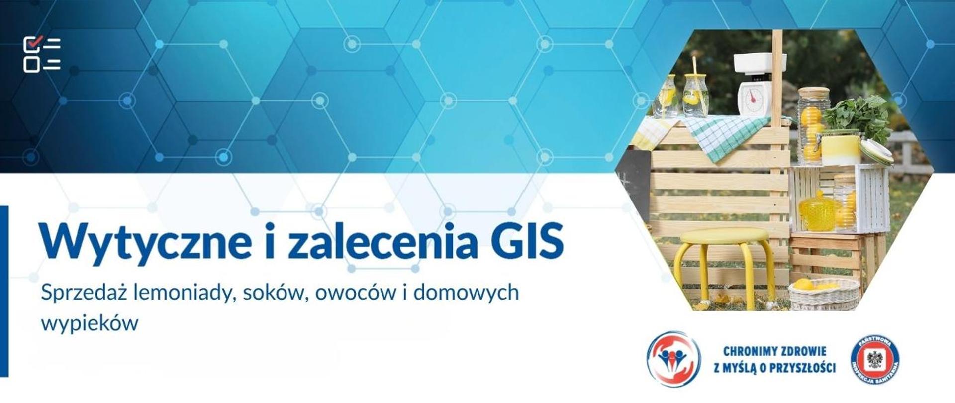 Po lewej napis Wytyczne i zalecenia GIS, następnie podpis Sprzedaż lemoniady, soków, owoców i domowych wypieków. Po prawej Obrazek z prowizorycznym stoiskiem z lemoniadą