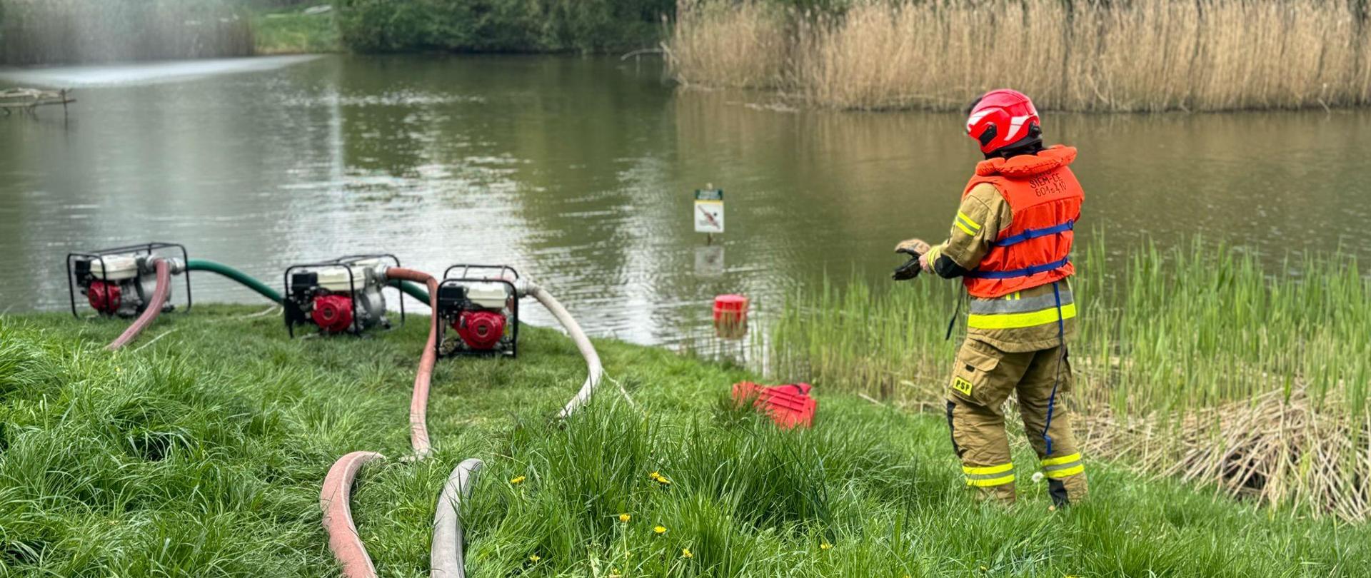 Na pierwszym planie po prawej stronie tyłem stoi strażak w ubraniu specjalnym. W centrum, w dolnej części widać węże strażackie. Po lewej stronie, nieco dalej stoją trzy pompy przy stawie. W tle widać staw oraz w lewym górnym roku strumień wody wpadający łukiem do stawu. 