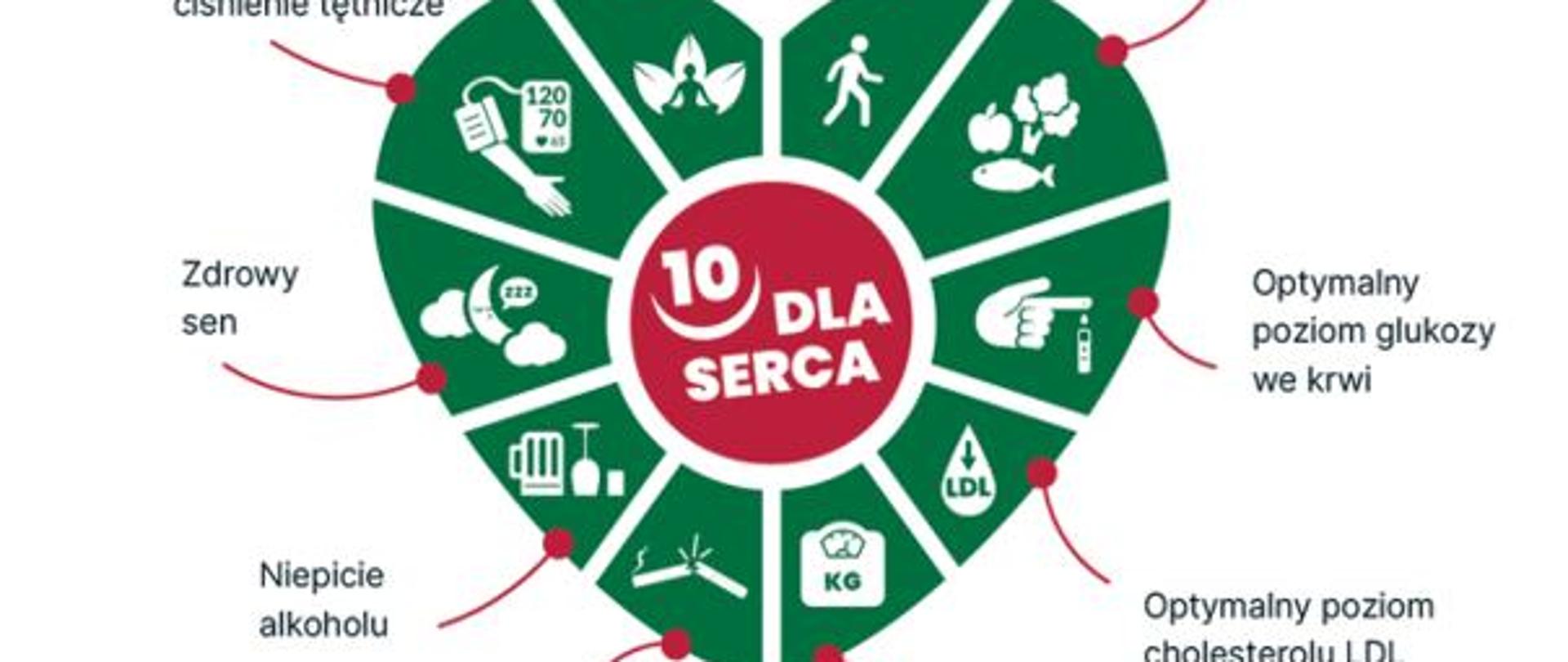 Grafika przedstawia duże serce podzielone na dziesięć pól, z których każde symbolizuje jeden z filarów koncepcji „10 dla serca”. W centrum serca znajduje się czerwone koło z napisem „10 dla serca”. W poszczególnych segmentach umieszczono ikonki oraz krótkie hasła, takie jak: „Niski poziom stresu”, „Aktywność fizyczna” czy „Zbilansowana dieta i prawidłowe nawyki żywieniowe”. Inne pola odnoszą się do utrzymania optymalnego ciśnienia tętniczego, poziomu glukozy we krwi oraz poziomu cholesterolu LDL. Grafika uwzględnia również znaczenie zdrowego snu, prawidłowej masy ciała, niepicia alkoholu i niepalenia tytoniu. Całość ma formę przejrzystej infografiki promującej profilaktykę chorób sercowo‑naczyniowych.