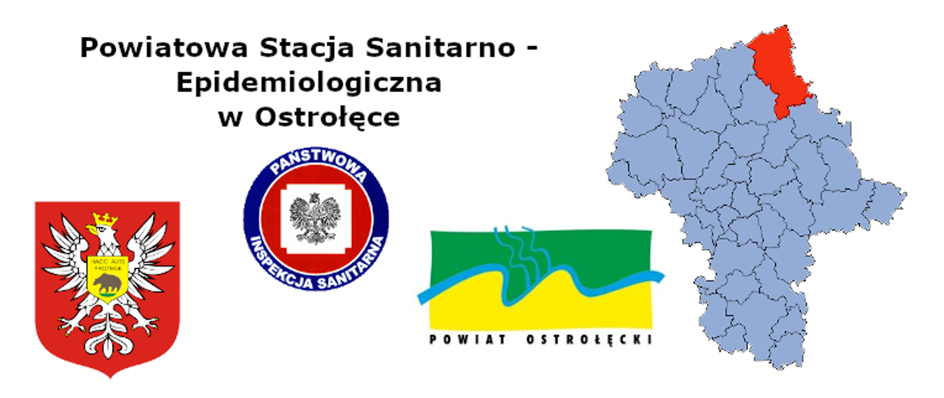 Baner logo PIS, mapa Województwa mazwieckiego herb Miasta Ostrołęka, logo powiatu ostrołęckiego