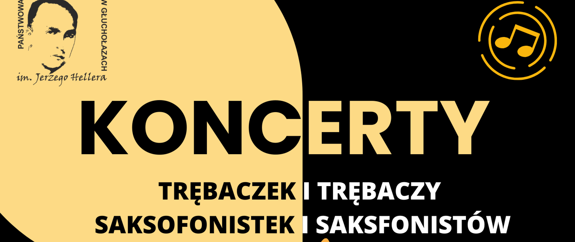 Plakat czarne tło sylwetka mężczyzny w garniturze grającego na trąbce trąbkę uniesiona do góry on przechylony do tyłu z Trąbki wychodzi jasna beżowa chmura W lewym górnym rogu logo szkoły według ustalonego znaku w prawym górnym rogu symbol dwóch ósemek połączonych belką w dwóch okręgach napis dwukolorowy koncerty trębaczek i trębaczy saksofonistek i saksofonistów poniżej 10 grudnia godzina 15:00 sala kameralna szkoły uczniowie pana Władysława Wojtyły pana Jana kantnera akompaniatorzy Anna Orzechowska i Dominik Zabłocki