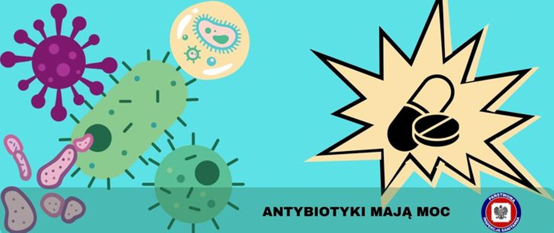 Na turkusowym tle po lewej kolorowe grafiki różnych rodzajów bakterii, po prawej antybiotyki w formie kapsułki i tabletki i bijąca od nich żółta moc. Na dole jasnozielony, półprzezroczysty pasek z ciemnym napisem Antybiotyki mają moc a z jego prawej strony logo Państwowej Inspekcji Sanitarnej.