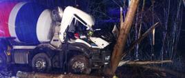 samochód ciężarowy ze zniszczoną kabiną i drzewo, w które uderzył