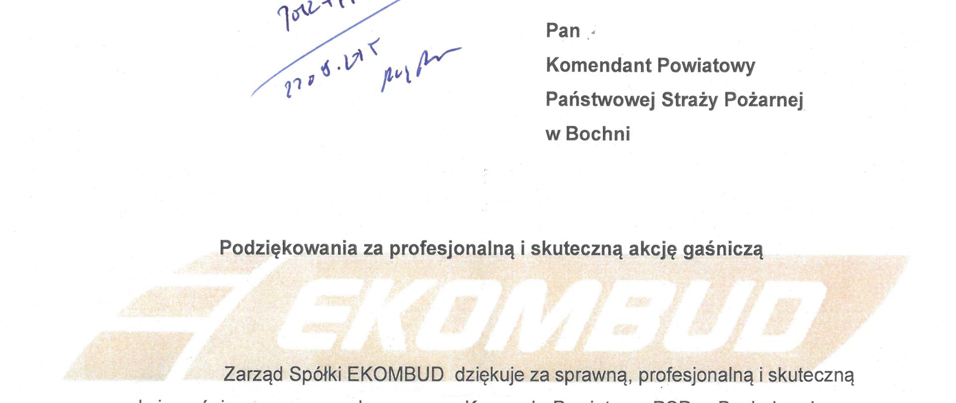 Skan pisma stanowiącego podziękowanie dla strażaków za przeprowadzoną akcję gaśniczą w dniu 12 sierpnia 2025 r. na jednym z zakładów zajmujących się gospodarką odpadami w mieście Bochnia.