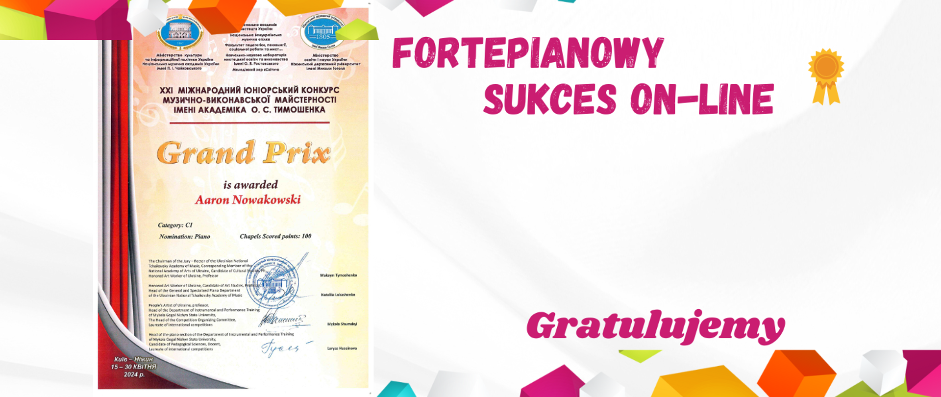 Po lewej stronie zamieszczone jest dyplom ucznia Aarona Nowakowskiego 