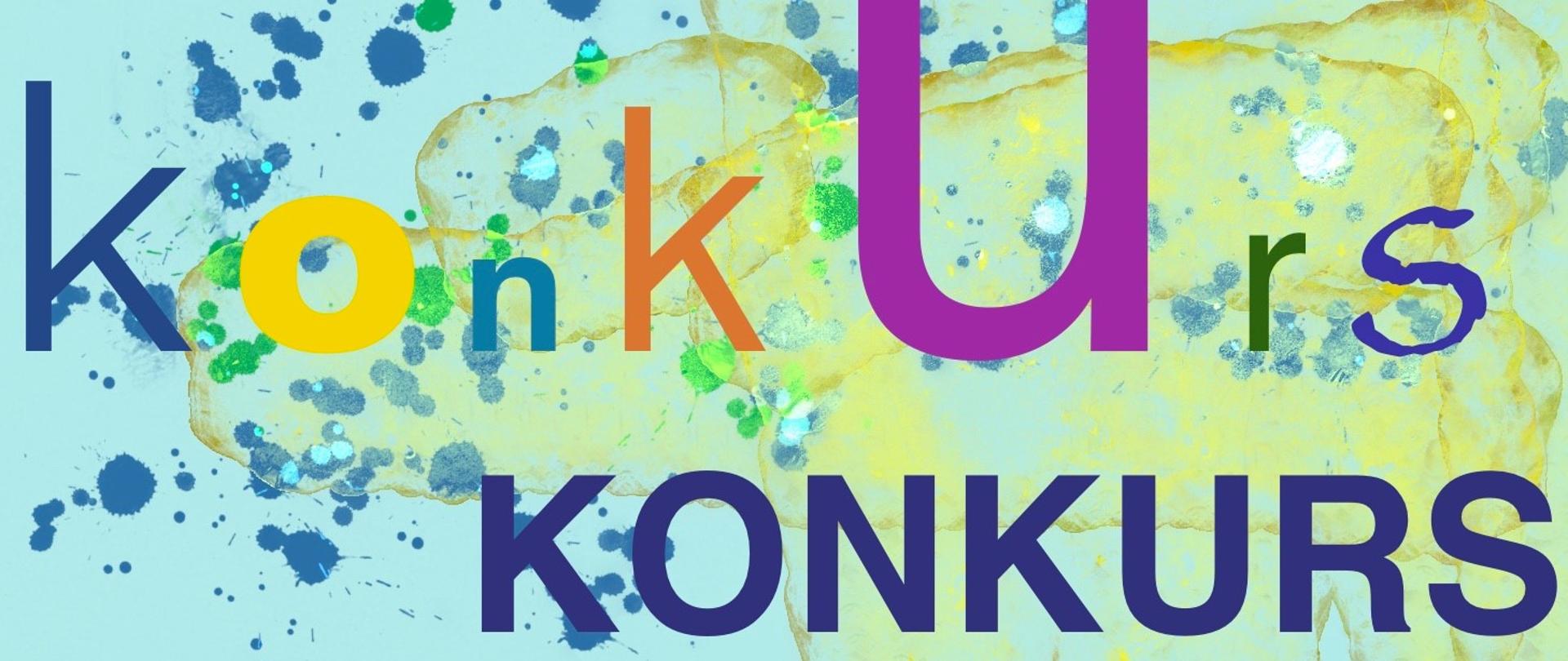 Wielokolorowa grafika konkursu plastycznego Muzyczna jesień 2023 z tekstem "Konkurs"