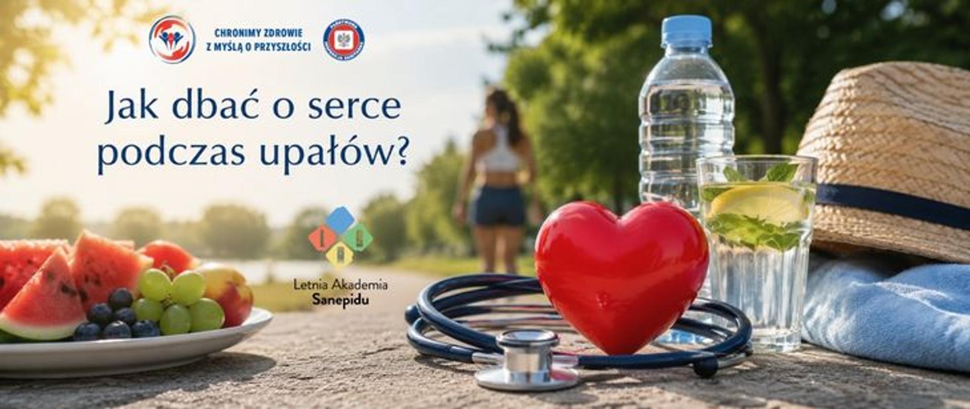Grafika z ciemnym napisem „Jak dbać o serce podczas upałów?”. Na pierwszym planie znajdują się czerwony model serca, stetoskop, butelka wody, szklanka z wodą i cytryną, kapelusz słomiany oraz ręcznik. Obok stoi talerz z arbuzem i winogronami. W tle widać spacerującą osobę w słonecznym parku. U góry logo Państwowej Inspekcji Sanitarnej wraz z hasłem: „Chronimy zdrowie z myślą o przyszłości”, a na dole logo kampanii Letniej Akademii Sanepidu.