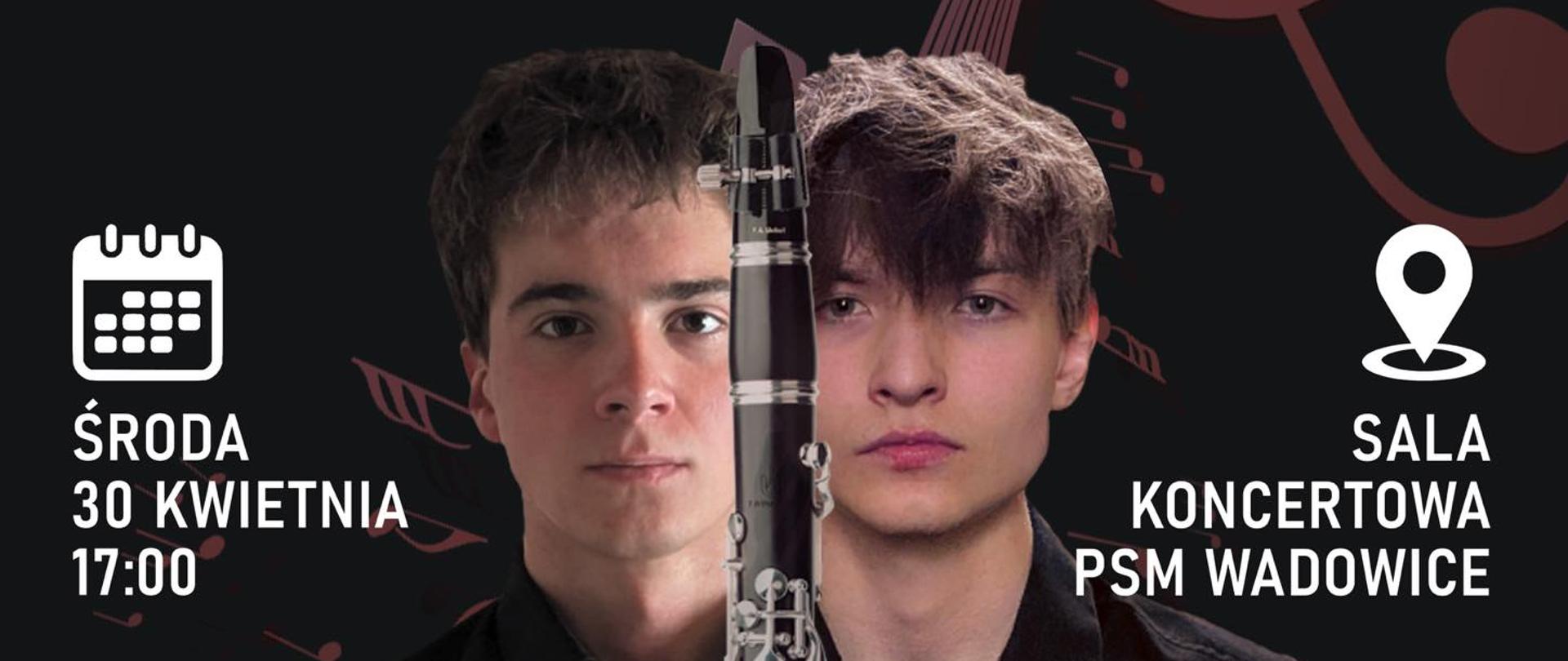 Recital dyplomowy Mikołaja Chlebickiego i Piotr Krystiana z klasy klarnetu Pana mgr Bartłomieja Koziny, który odbędzie się dnia 30 kwietnia 2025 o godzinie 17:00 na Sali Koncertowej PSM Wadowice. W programie: K. Kurpiński, M. Mangani, G Gerschwin, M. Chyrzyński, M. Arnold, G. Grovlez, M. Zieliński.