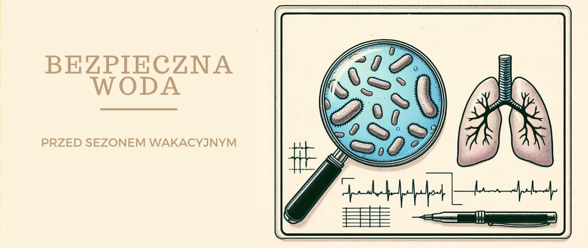 Na obrazku znajduje się napis Bezpieczna woda oraz grafika z lupą płucami i długopisem