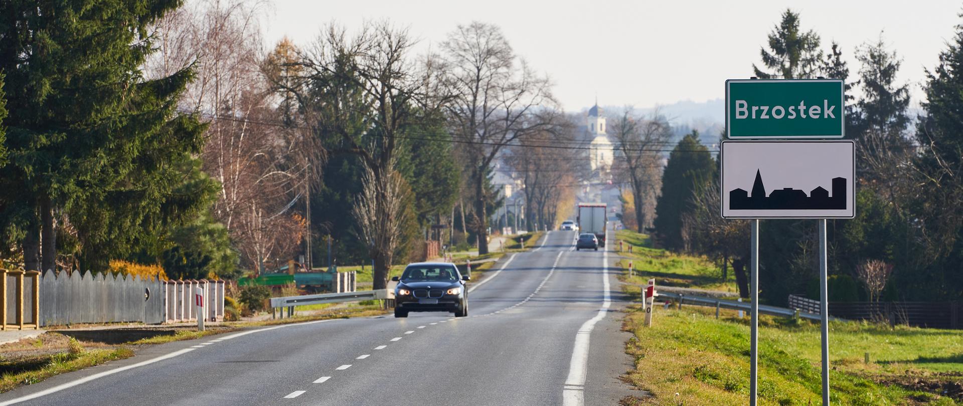 Widok z poziomu ziemi na drogę krajową w miejscowości Brzostek. Świeci słońce. Na pierwszym planie, po prawej stronie widać tablicę z napisem Brzostek oraz znak z symbolem terenu zabudowanego. Na drodze, która jest w środkowym miejscu zdjęcia, jedzie auto osobowe. Po obu stronach drogi pobocze zielone, słupki pikietażowe oraz ogrodzenia omów, któe znajdują się przy drodze. 