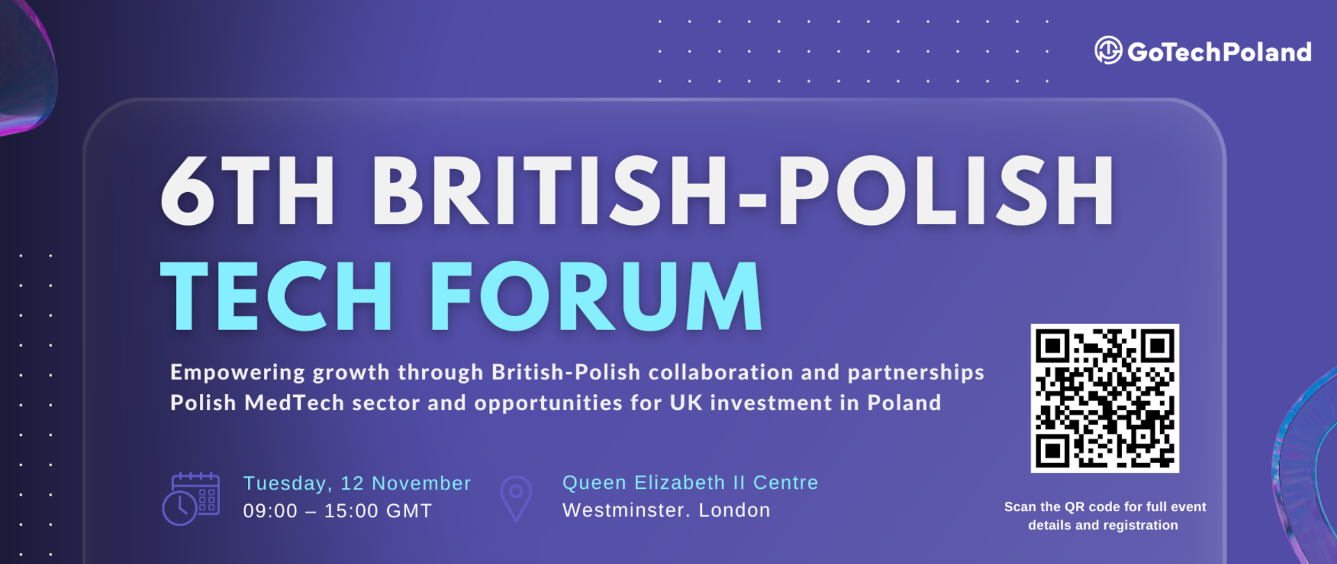 Na purpurowym tle opisane jest wydarzenie wraz z logami podmiotów je sponsorujących