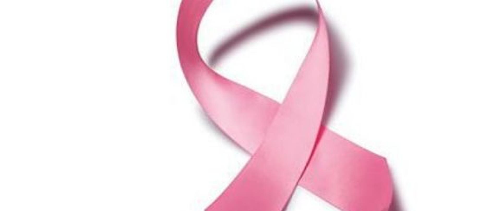Na obrazku widzimy różową wstążkę która symbolizuję walkę z rakiem piersi - kampania "Pamiętaj o profilaktyce – chroń Siebie i Najbliższych"