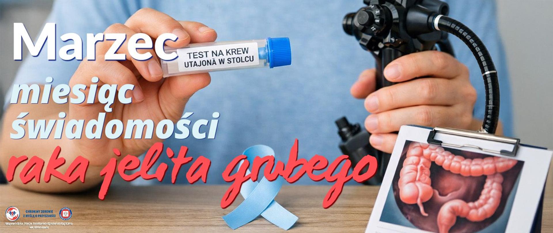 Postać trzymająca test na krew w stolcu lub skierowana na kolonoskopię – symbol badań przesiewowych