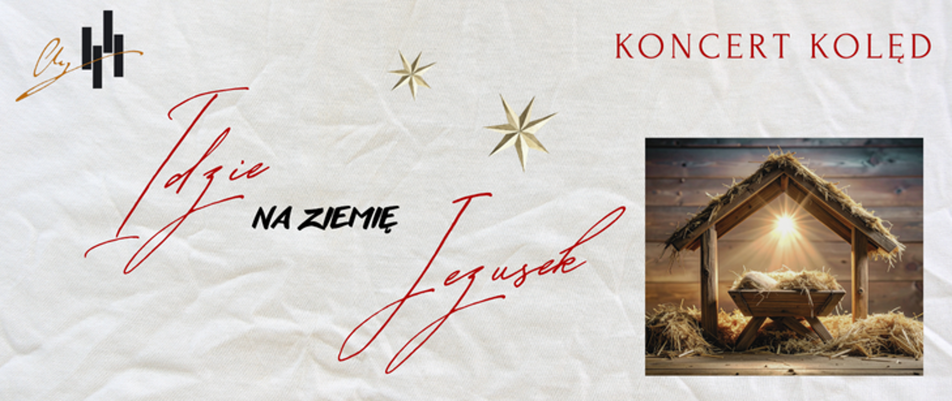 Plakat ma jasne, kremowe tło przypominające delikatną tkaninę. lewym górnym rogu umieszczono czarno-złote logo szkoły. Centralną część plakatu tworzy duży, ozdobny napis w czerwonej kaligrafii: „Idzie Jezusiek”, a pomiędzy tymi słowami, czarnym pogrubionym drukiem znajduje się tekst „na ziemię”. Po bokach napisów widnieją dwie złote, stylizowane gwiazdy betlejemskie. W dolnej części plakatu znajduje się prostokątne zdjęcie przedstawiające drewnianą stajenkę z jasnym światłem bijącym od wewnątrz, które symbolicznie oświetla puste żłóbek wyścielony sianem. Na samym dole, dużymi czerwonymi literami, napisano: „Koncert kolęd”.
