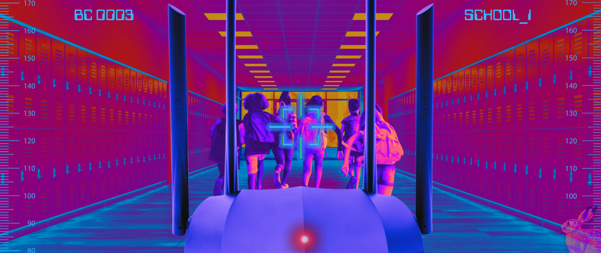 Grupka dzieci ucieka w głąb szkolnego korytarza, ścigana przez router Wi-Fi biorący je na cel.