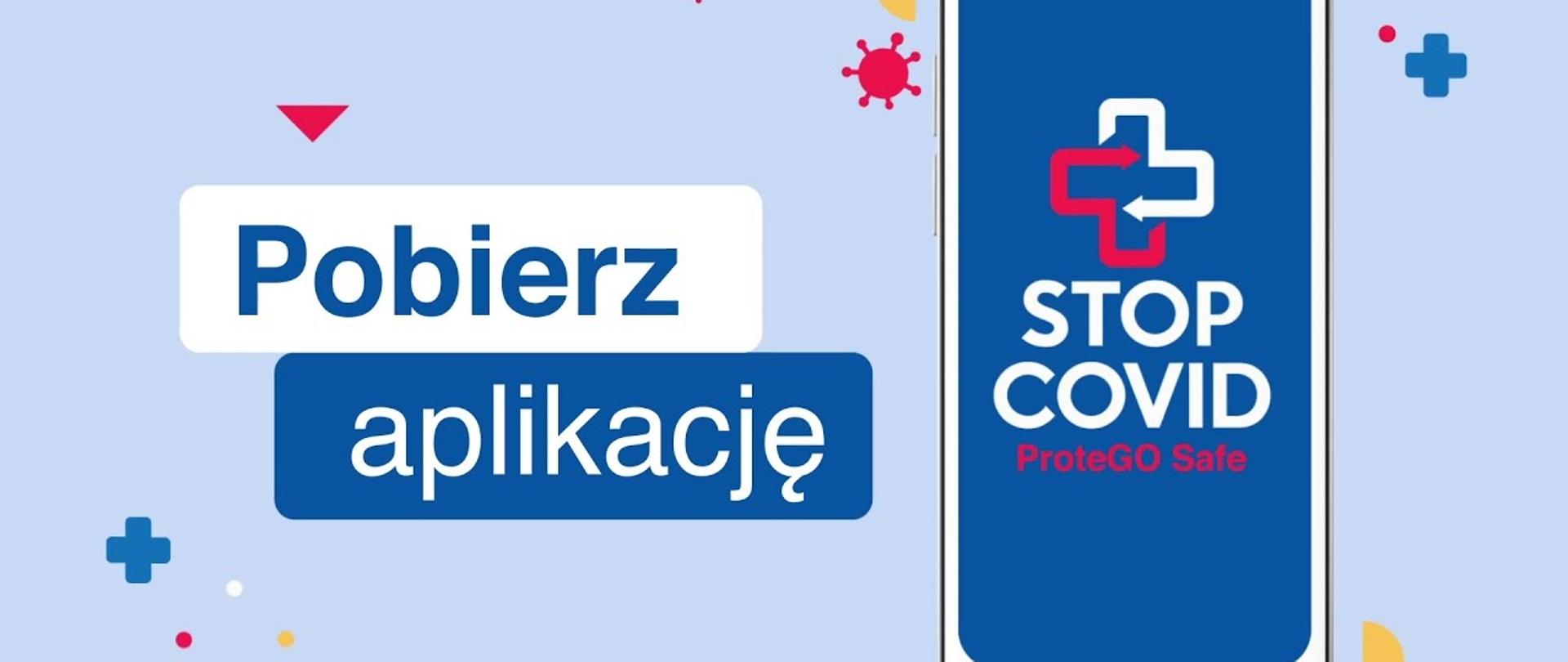 Pobierz aplikację STOP COVID. Na niebieskim tle z lewej strony napis "Pobierz aplikację" z prawej strony rysunek telefonu ( na niebieskim ekranie logo biało czerwonego krzyża i biały napis STOP COVID)