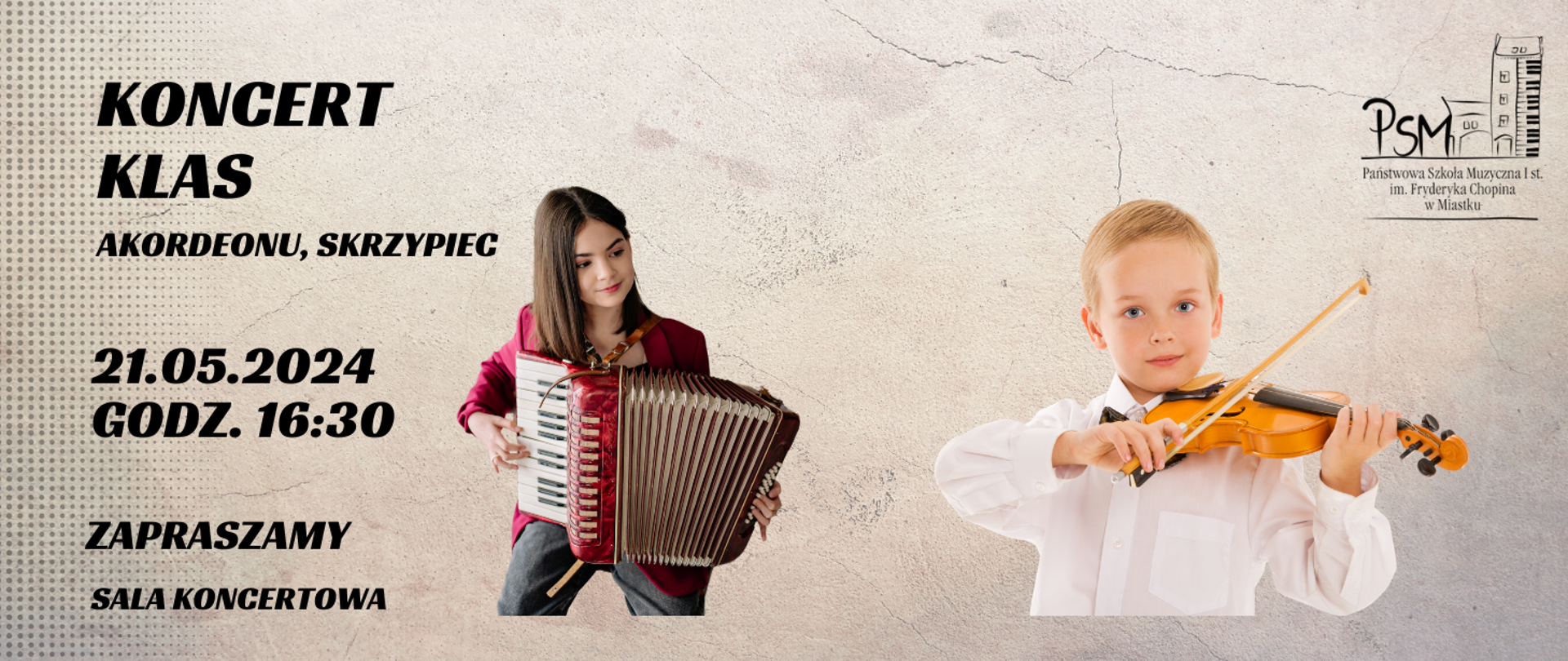 Grafika informująca o koncercie uczniów klas akordeonu i skrzypiec 21 maja 2024 o godz. 16:30 w sali koncertowej naszej szkoły.