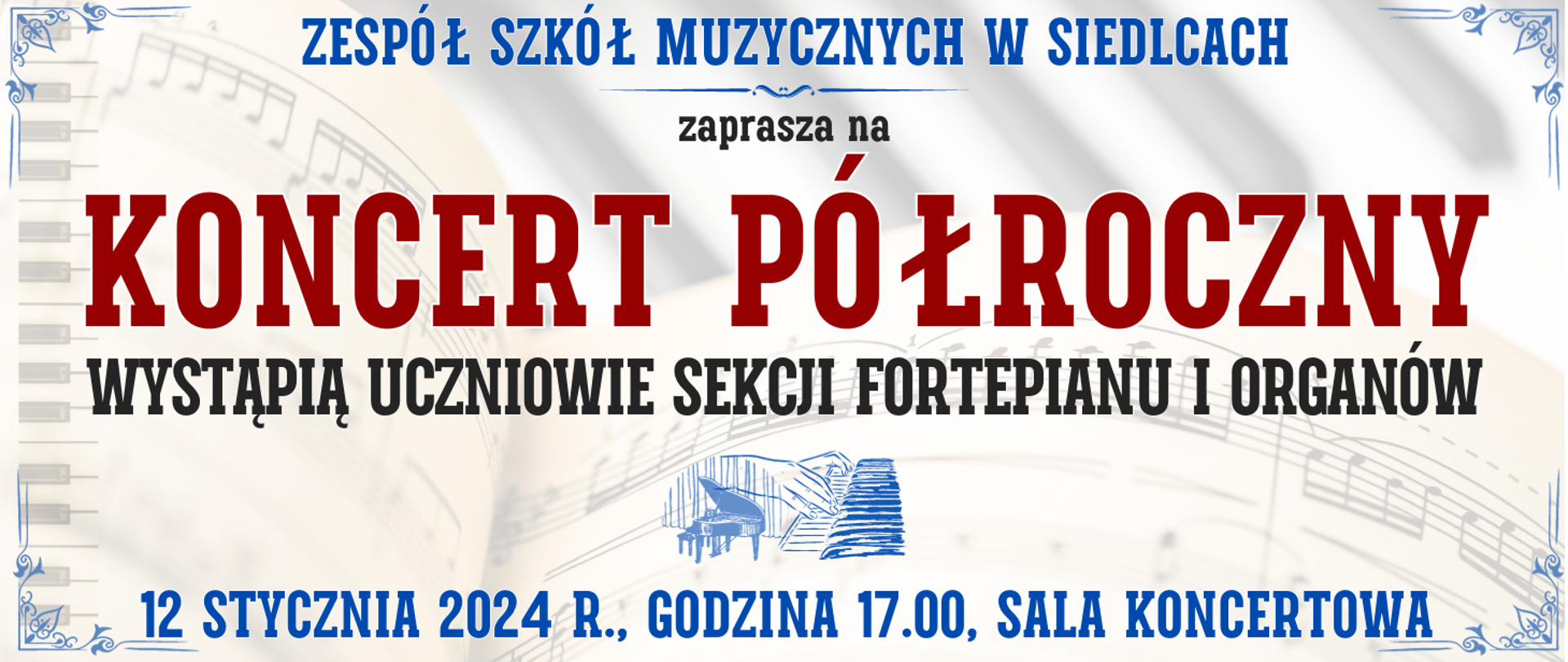 kolorowe tło z półprzezroczystym widokiem nut i klawiatury fortepianu oraz informacja o wydarzeniu