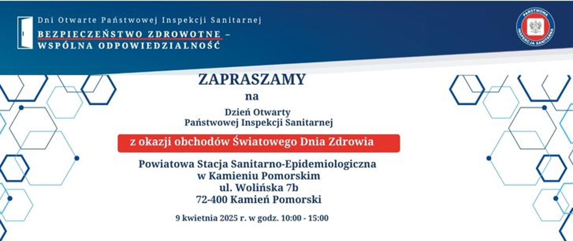 Na jasnym tle ciemny napis Zapraszamy na Dzień Otwarty Państwowej Inspekcji Sanitarnej z okazji obchodów Światowego Dnia Zdrowia 9 kwietnia 2025 r. w godz. 10:00 - 15:00