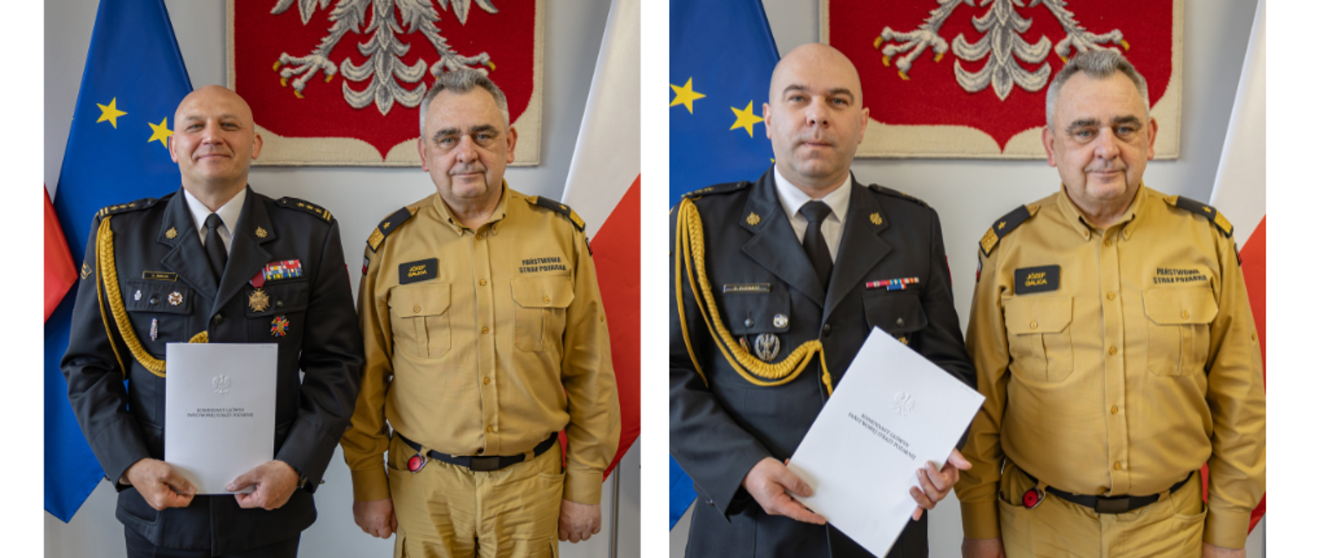 Zastępca komendanta głównego PSP pozuje do zdjęć z funkcjonariuszami na tle flag i godła