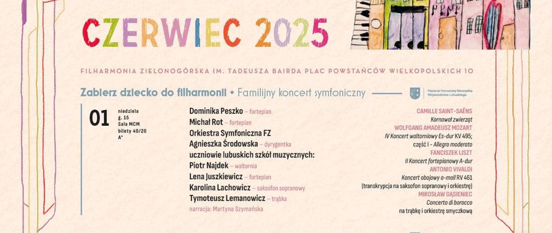 Na jasnobrązowym tle plakat w układzie kalendarza. Po lewej stronie daty poszczególnych koncertów obok soliści, po prawej program koncertu