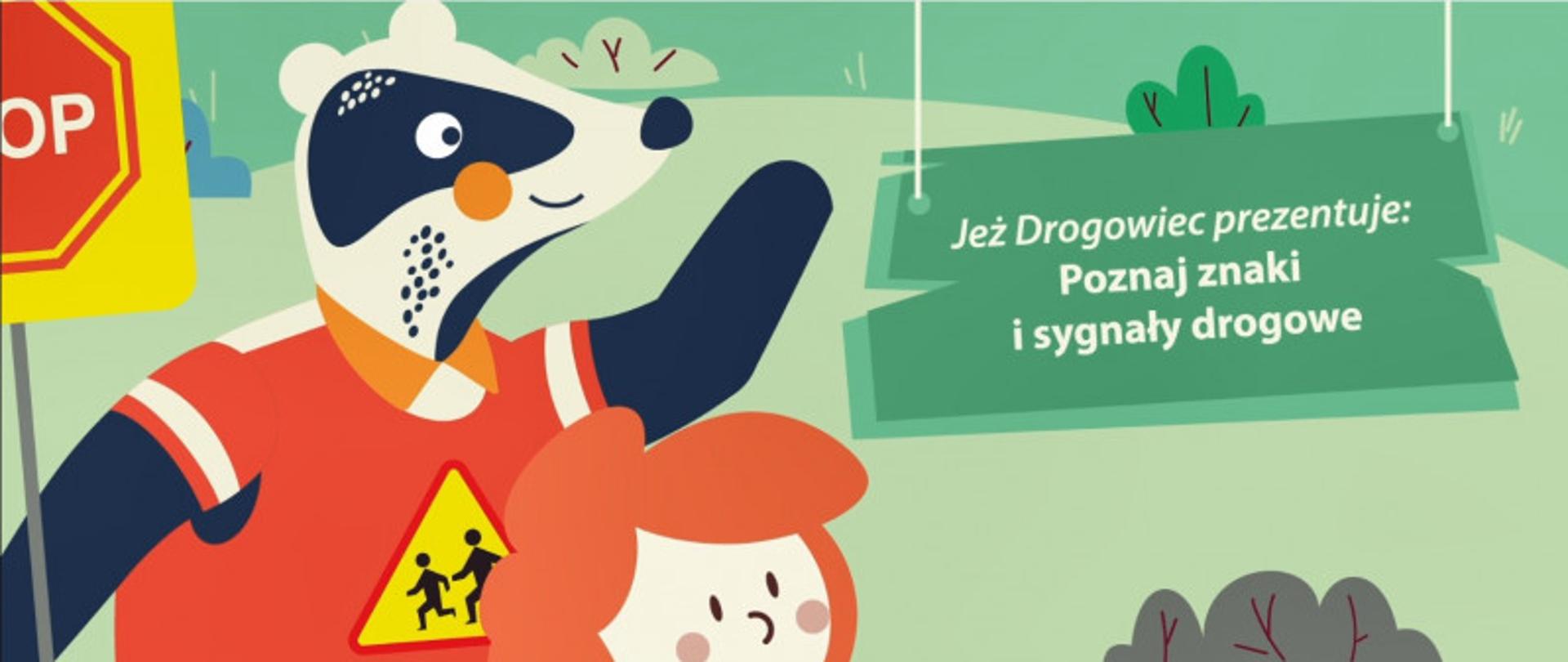 Kadr z filmu animowanego Poznaj znaki i sygnały drogowe. Kasia, Jeż drogowiec i Pani Borsuk prezentując najważniejsze zasady przy przechodzeniu przez zjednię.