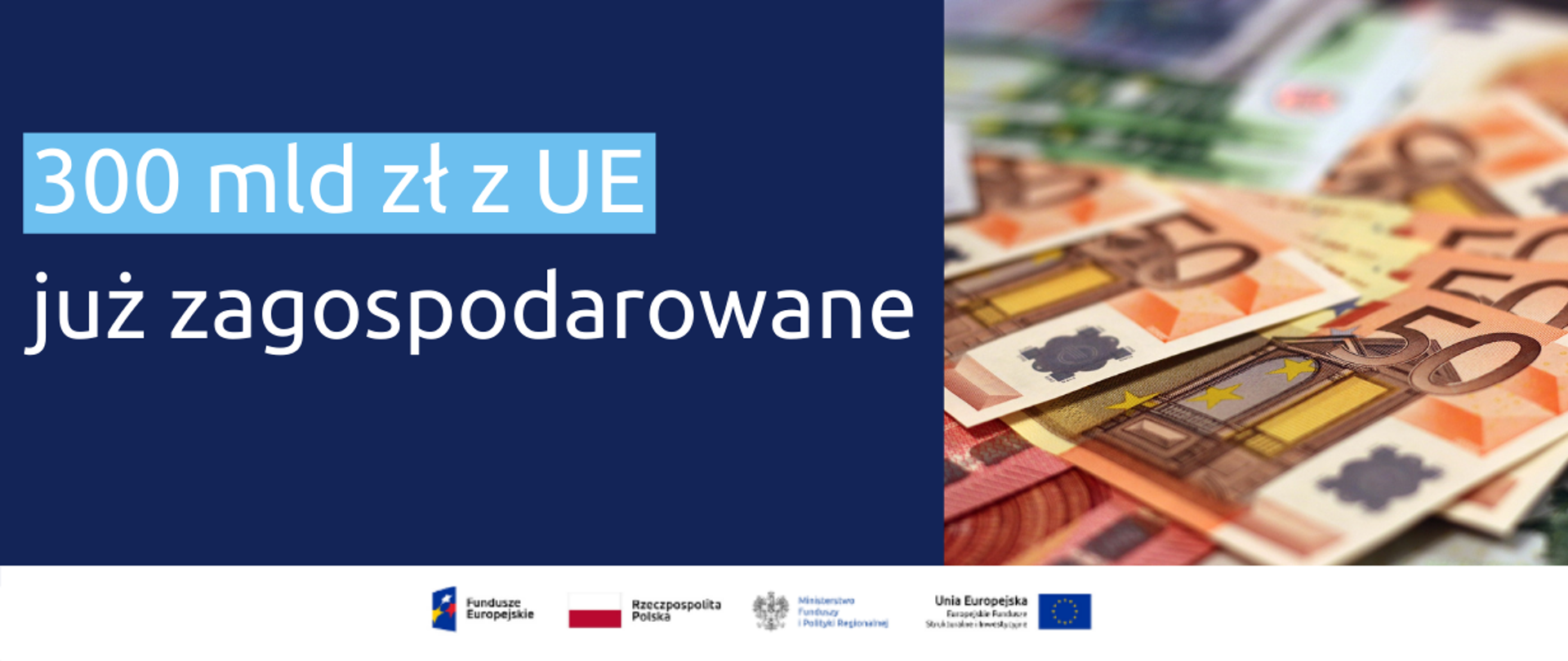 napis na grafice 300 mld z UE już zagospodarowane i symboliczne zdjęcie banknotów euro