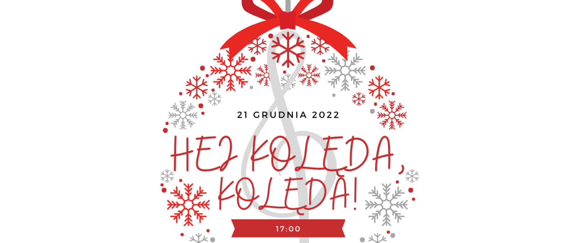 Na białym tle bombka choinkowa utworzona z płatów śniegu białych, szarych i czerwonych. Informacja o koncercie kolęd w OSM I st. w Piszu 21.12.2022r. godz. 17.00