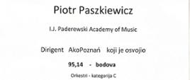 Zdjęcie przedstawia dyplom na 48 Międzynarodowym Konkursie Akordeonowym w Puli dla nauczyciela PSM I stopnia w Jarocinie. Na zdjęciu podpisy jurorów, imię i nazwisko nauczyciela oraz logotypy sponsorów.