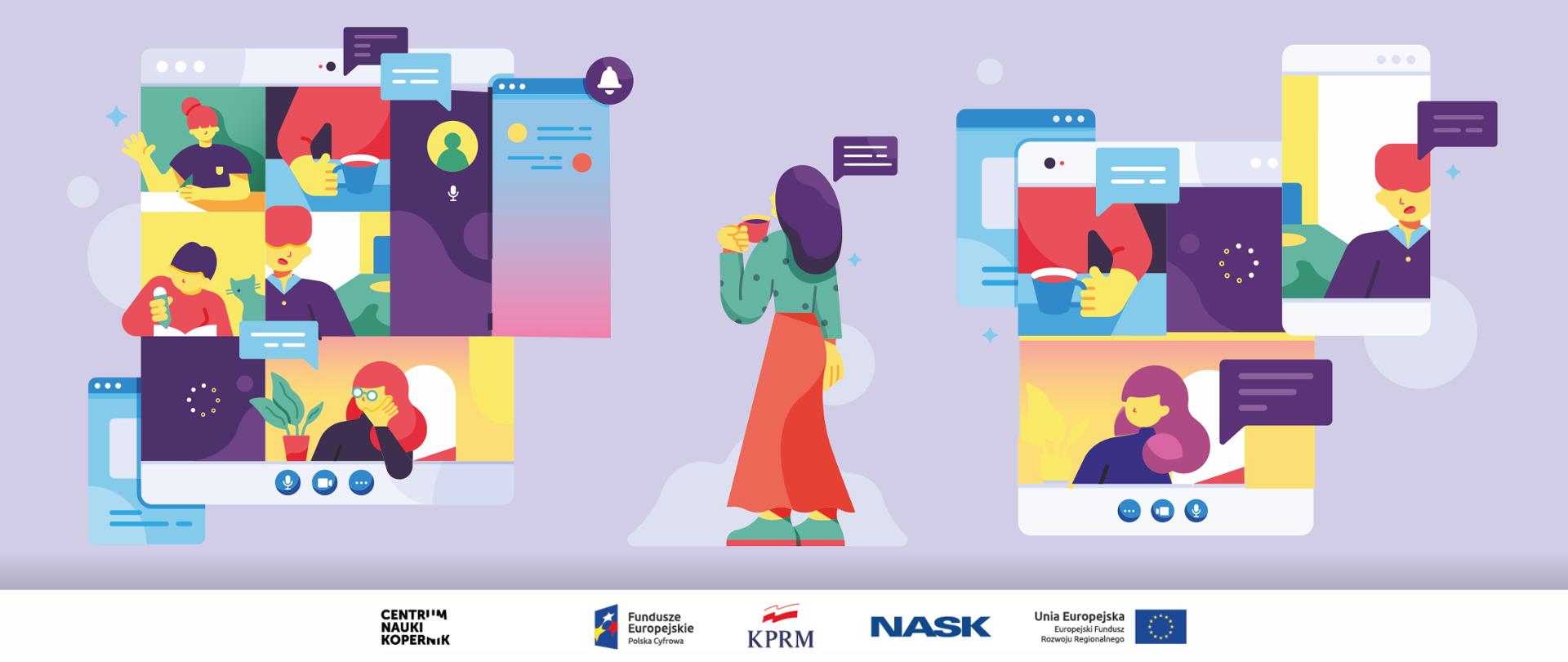 Kolorowa grafika wektorowa - na środku, ujęcie od tyłu - kobieta z kubkiem w dłoni. Przed nią - ekrany, ma których widać młodych ludzi - uczestników webinaru/spotkania.