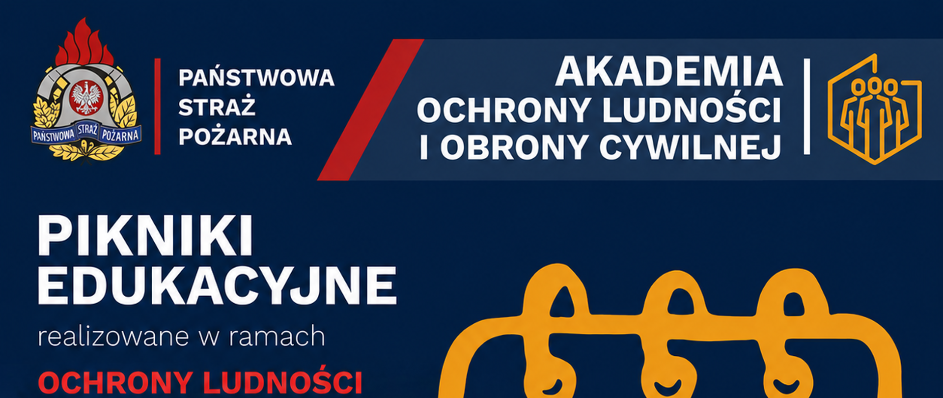 Plakat informujący o piknikach edukacyjnych w ramach ochrony ludności i obrony cywilnej, organizowanych przez Państwową Straż Pożarną oraz Akademię Ochrony Ludności i Obrony Cywilnej pod patronatem Ministerstwa Spraw Wewnętrznych i Administracji. Grafika ma ciemnoniebieskie tło z czerwonymi i białymi napisami po lewej stronie oraz duże, żółte logo przypominające kalendarz po prawej stronie. Wewnątrz kalendarza widnieje data 11 czerwca 2026 roku oraz zapowiedź III Kujawsko-Pomorskiego Turnieju Strażaków w Siatkówce Plażowej, który odbędzie się w Kamieniu Krajeńskim. W dolnej części plakatu umieszczono oficjalne logotypy ministerstwa oraz programu ochrony ludności.