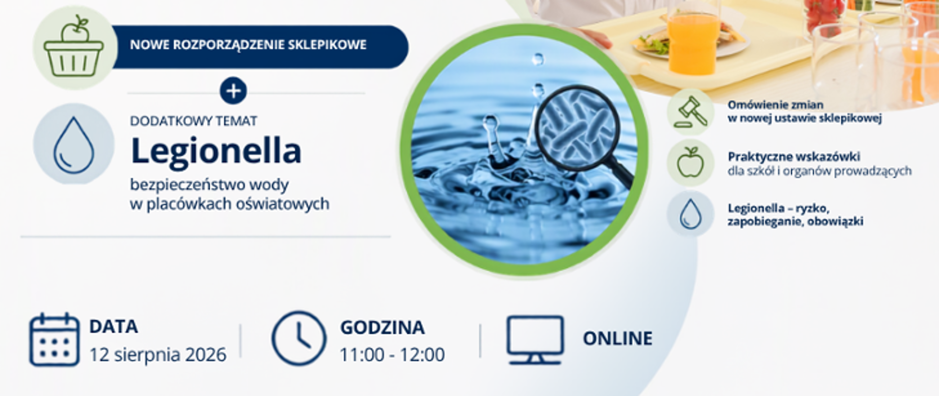 Baner do webinaru Zmiany w sposobie żywienia dzieci w placówkach oświatowych. Przestawia datę i czas webinaru, kod qr do udziału w webinarze, grafikę z wodą, logo pis z nazwą wsse w szczecinie. W prawym górnym rogu baner widać dzieci i owoce