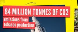Wystrzelona rakieta. Napis 84 million tonenes of CO2 emissions from tabacco production 