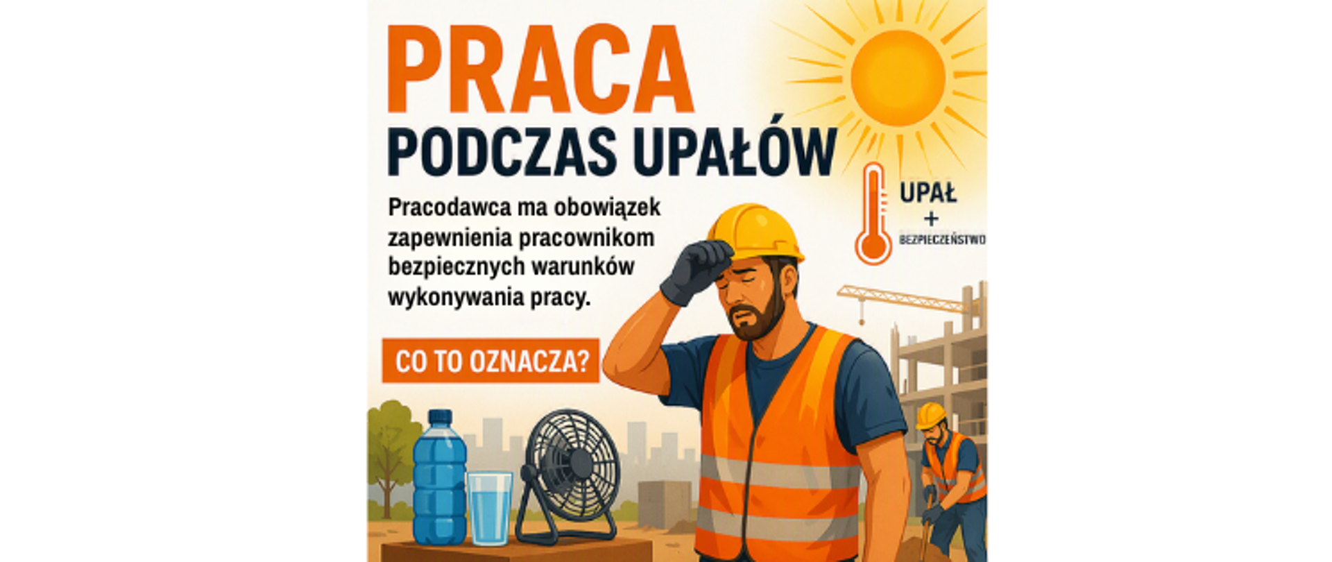 baner Praca podczas upałów . Pracownik budowlany ociera pot z czoła